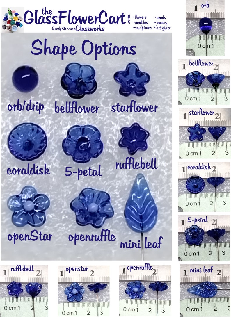 May include: A variety of glass flower shapes in blue, including orb, bellflower, starflower, coraldisk, 5-petal, rufflebell, openstar, openruffle, and mini leaf. The shapes are displayed on a white surface with a ruler for size reference.
