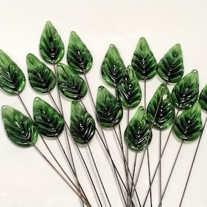 Flat Sage Green - Glass Leaf Headpins  tiny, small glass leaf shape on wire; individually handmade lampwork .5"