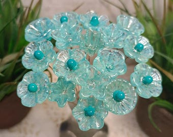 Seafoam miniature glass flower headpins, tiny small mini glass flowers on wire for jewelry, home decor, bouquet, weddings, cake decorating