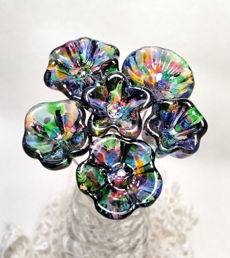 PRISM KALEIDOSCOPE glass flowers on wire headpins miniature tiny small glass flowers on wire individually handmade lampwork image 1