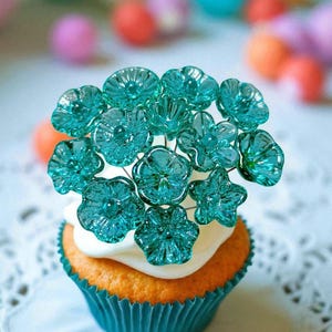 Light Seagreen Teal glass flowers on wire, tiny small mini handcrafted lampwork, jewelry, mixed media, wedding, cake decor, small great gift image 2