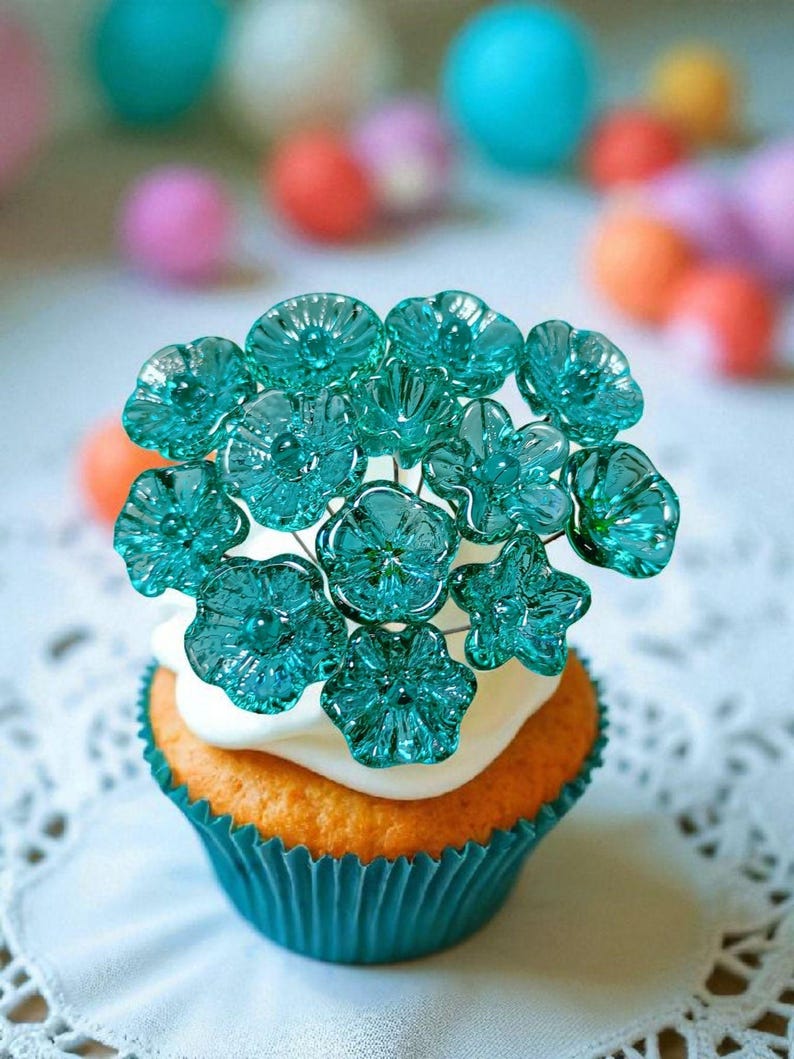 Light Seagreen Teal glass flowers on wire, tiny small mini handcrafted lampwork, jewelry, mixed media, wedding, cake decor, small great gift image 2
