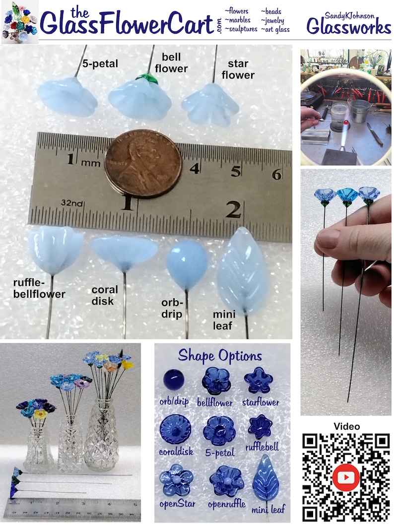 May include: A close-up of various glass flower shapes, including a bellflower, starflower, ruffle-bellflower, coral disk, orb-drip, and mini leaf. The flowers are on wire stems and are approximately 1 cm in size. The image also includes a ruler for scale and a video icon.