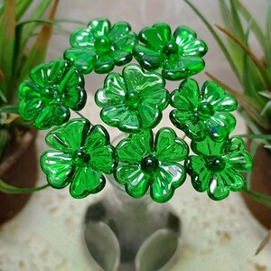 Glass 4 leaf Clover Shamrock, Luck of the Irish, kelly green handblown lampwork plant pick on 5in wire. bouquet, Irish gift, approx 3/4inch image 14