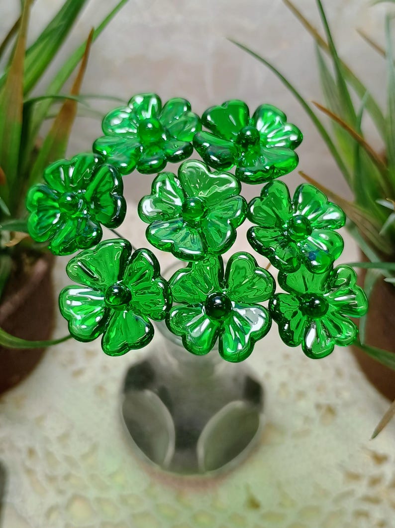 Glass 4 leaf Clover Shamrock, Luck of the Irish, kelly green handblown lampwork plant pick on 5in wire. bouquet, Irish gift, approx 3/4inch image 14