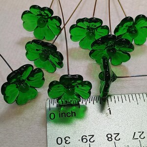 Glass 4 leaf Clover Shamrock, Luck of the Irish, kelly green handblown lampwork plant pick on 5in wire. bouquet, Irish gift, approx 3/4inch image 2