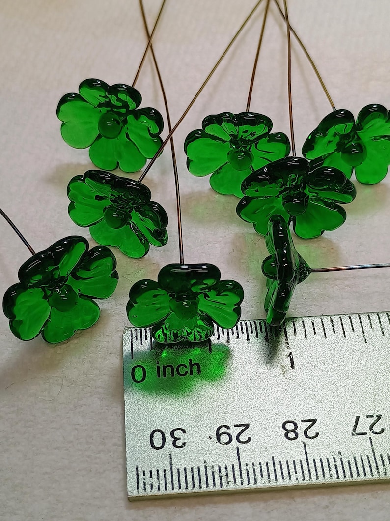 Glass 4 leaf Clover Shamrock, Luck of the Irish, kelly green handblown lampwork plant pick on 5in wire. bouquet, Irish gift, approx 3/4inch image 2
