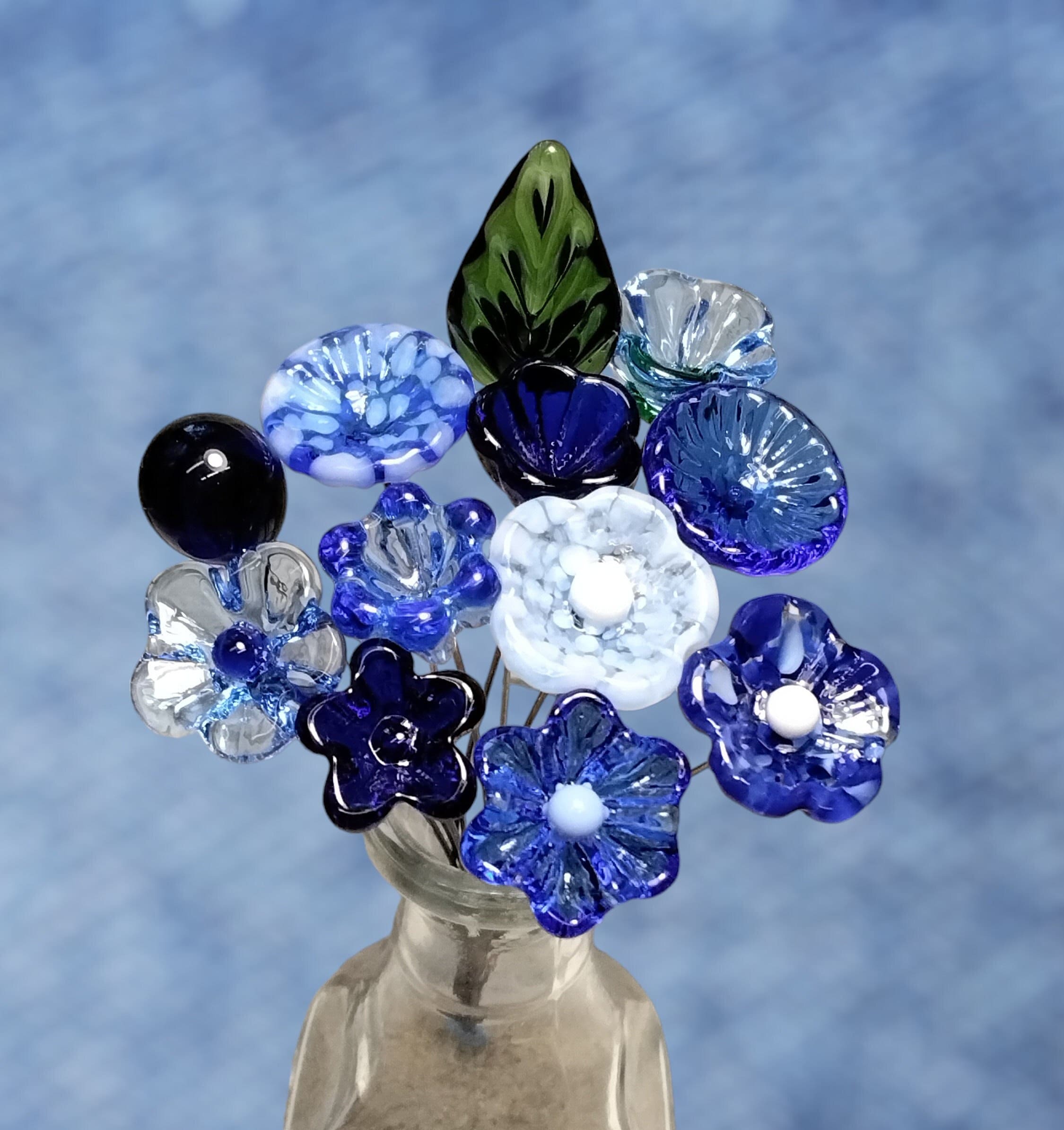 TRUE BLUE Bouquet-loyal/trustworthy/faithful glass Flower/leaf 11 Flowers 1  Leaf Total tiny Small Glass Flowers Individually Handmade 