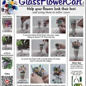 May include: A step-by-step guide on how to arrange artificial flowers in a vase. The steps include using floral foam, dry moss, and artificial leaves and flowers. The image also includes a QR code for a video tutorial and tips on using jewelry pliers and floral wire.