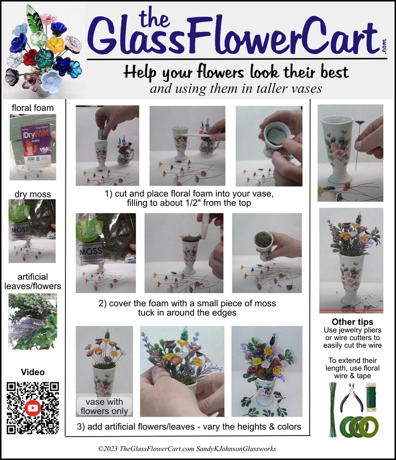 May include: A step-by-step guide on how to arrange artificial flowers in a vase. The steps include using floral foam, dry moss, and artificial leaves and flowers. The image also includes a QR code for a video tutorial and tips on using jewelry pliers and floral wire.