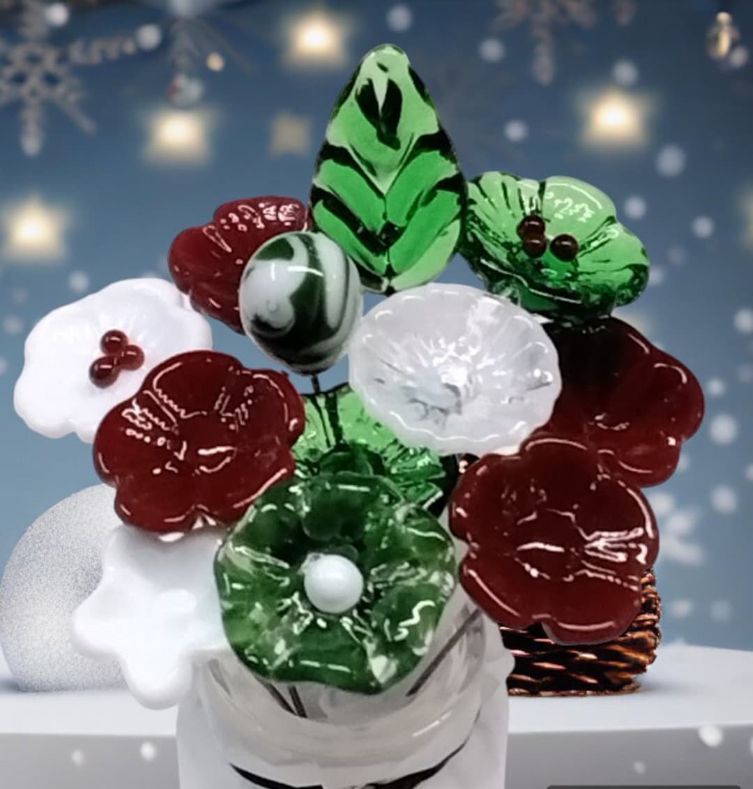 Christmas Holiday Bouquet, Glass Flower/leaf Bouquet 11 Flowers & 1