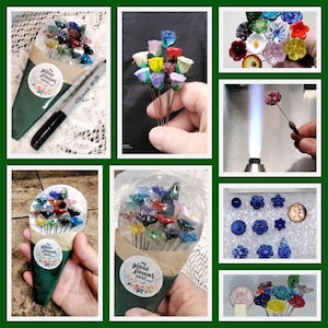 May include: A bouquet of colorful glass flowers on wire stems, arranged in a cone-shaped paper holder with a label that reads "The Glass Flower Cart".