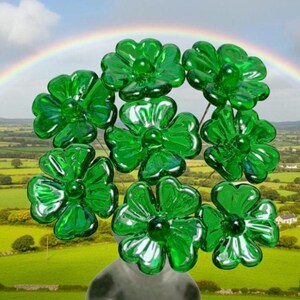Glass 4 leaf Clover Shamrock, Luck of the Irish, kelly green handblown lampwork plant pick on 5in wire. bouquet, Irish gift, approx 3/4inch image 6
