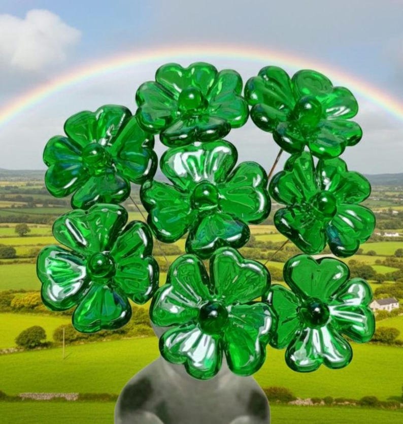 Glass 4 leaf Clover Shamrock, Luck of the Irish, kelly green handblown lampwork plant pick on 5in wire. bouquet, Irish gift, approx 3/4inch image 6