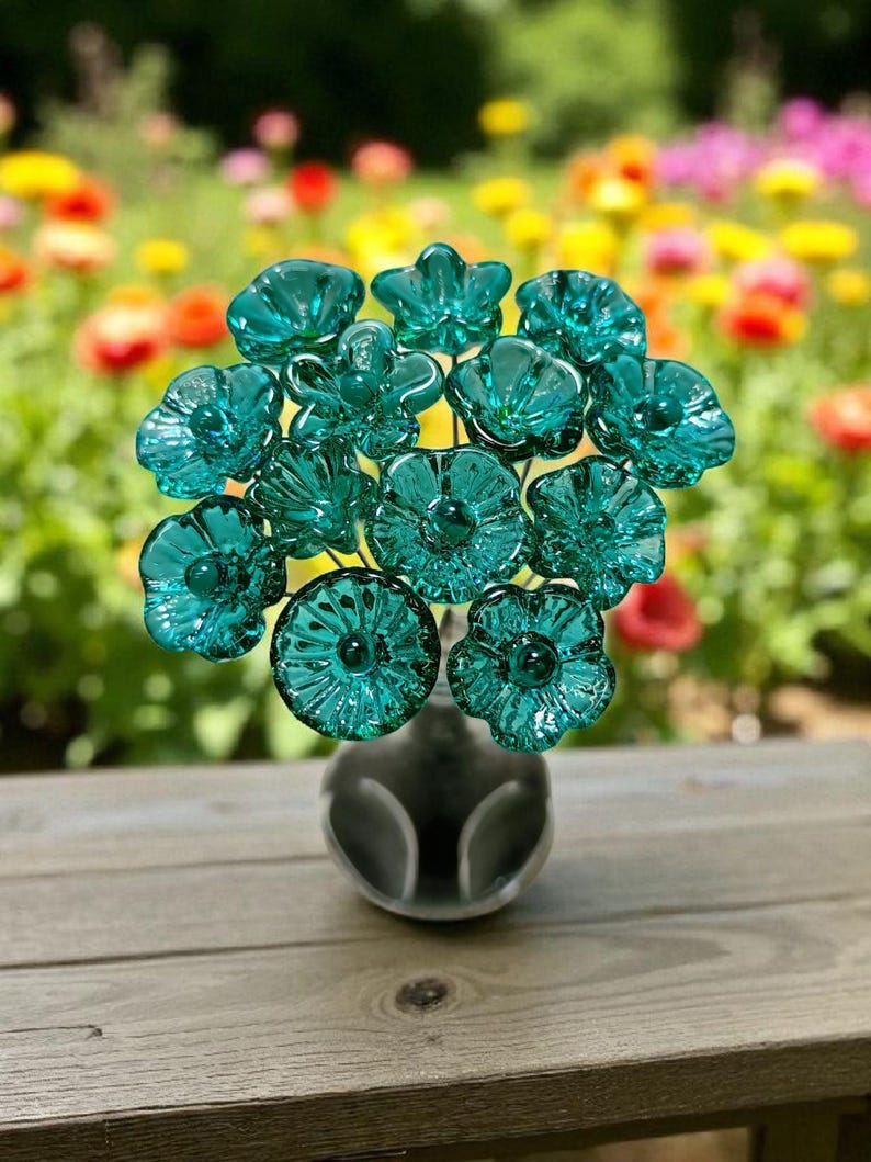 Light Seagreen Teal glass flowers on wire, tiny small mini handcrafted lampwork, jewelry, mixed media, wedding, cake decor, small great gift image 3