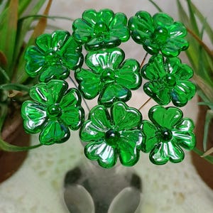 Glass 4 leaf Clover Shamrock, Luck of the Irish, kelly green handblown lampwork plant pick on 5in wire. bouquet, Irish gift, approx 3/4inch image 7