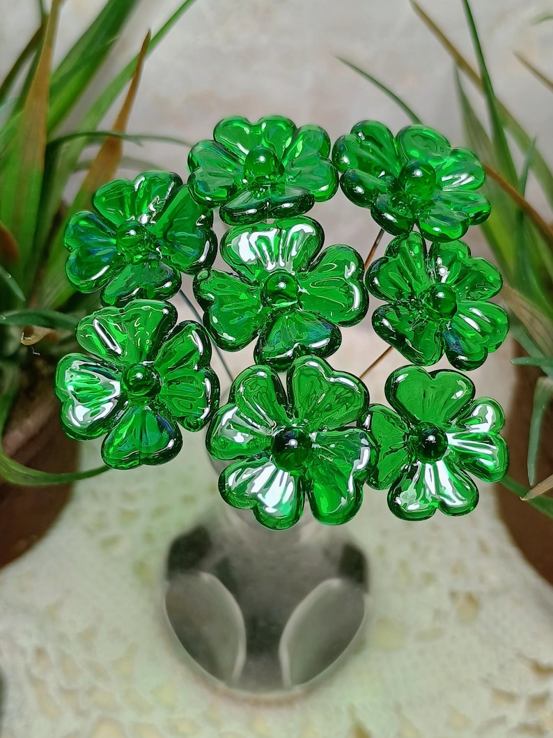 Glass 4 leaf Clover Shamrock, Luck of the Irish, kelly green handblown lampwork plant pick on 5in wire. bouquet, Irish gift, approx 3/4inch image 7