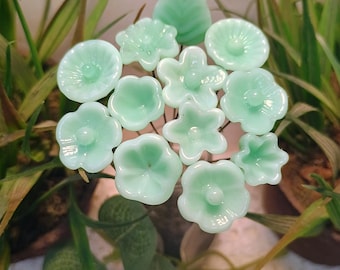 Jadeite Green Opalino glass flower, tiny small miniature glass flowers on wire; handcraft lampwork, great for jewelry, wedding, cakes, curio