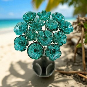 Light Seagreen Teal glass flowers on wire, tiny small mini handcrafted lampwork, jewelry, mixed media, wedding, cake decor, small great gift image 5