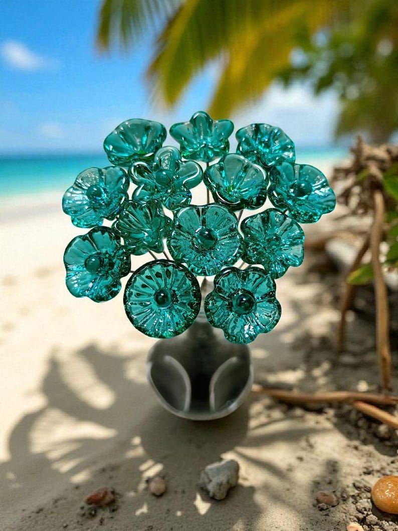 Light Seagreen Teal glass flowers on wire, tiny small mini handcrafted lampwork, jewelry, mixed media, wedding, cake decor, small great gift image 5