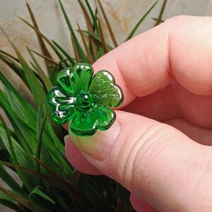 Glass 4 leaf Clover Shamrock, Luck of the Irish, kelly green handblown lampwork plant pick on 5in wire. bouquet, Irish gift, approx 3/4inch image 4