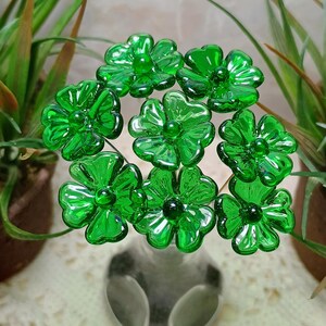 Glass 4 leaf Clover Shamrock, Luck of the Irish, kelly green handblown lampwork plant pick on 5in wire. bouquet, Irish gift, approx 3/4inch image 8