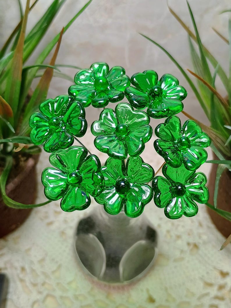 Glass 4 leaf Clover Shamrock, Luck of the Irish, kelly green handblown lampwork plant pick on 5in wire. bouquet, Irish gift, approx 3/4inch image 8