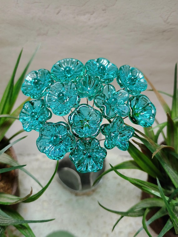 Light Seagreen Teal glass flowers on wire, tiny small mini handcrafted lampwork, jewelry, mixed media, wedding, cake decor, small great gift