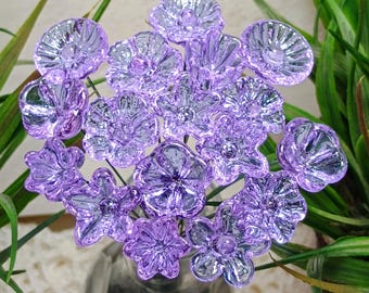 LIGHT LAVENDER glass flowers (June) tiny small mini glass flowers on wire; handcrafted lampwork, jewelry, mixed media, wedding, gift