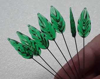 Flat Medium Green - Glass Leaf Headpins ~3"-4"-5"  tiny, small glass leaf shape on wire