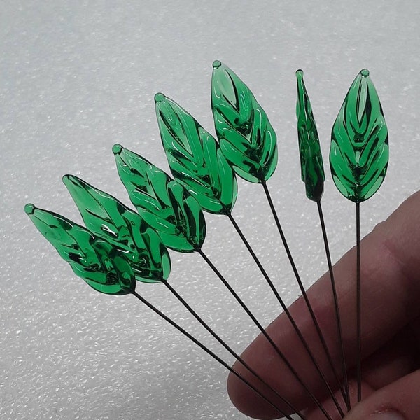 Flat Medium Green - Glass Leaf Headpins ~3"-4"-5"  tiny, small glass leaf shape on wire