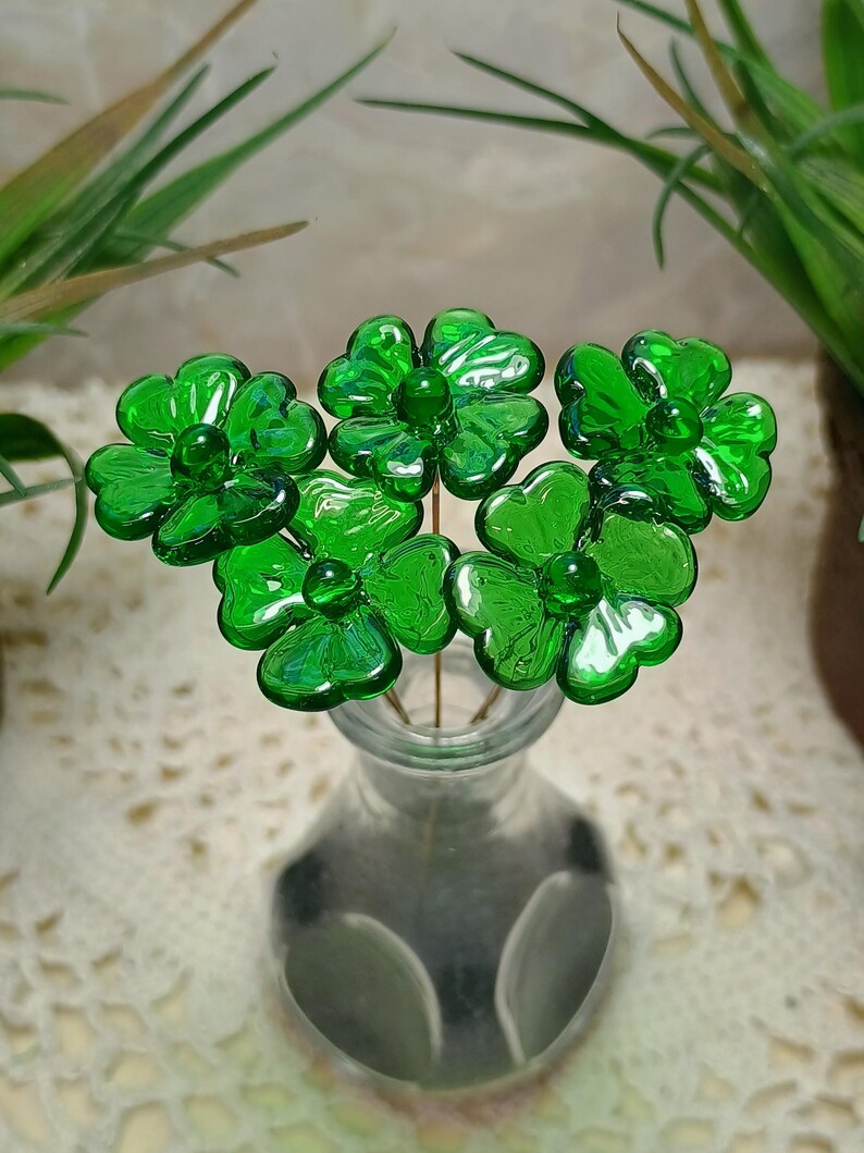 Glass 4 leaf Clover Shamrock, Luck of the Irish, kelly green handblown lampwork plant pick on 5in wire. bouquet, Irish gift, approx 3/4inch image 13