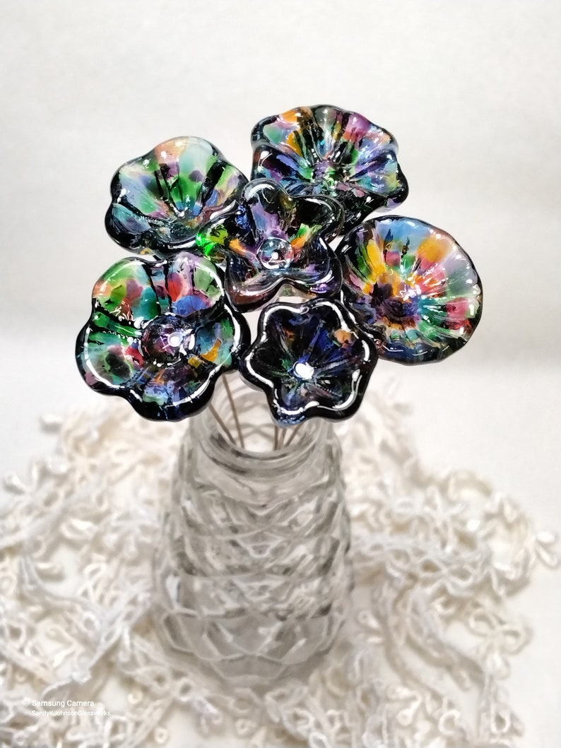 PRISM KALEIDOSCOPE glass flowers on wire headpins miniature tiny small glass flowers on wire individually handmade lampwork image 6