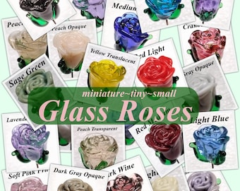 GLASS ROSES mini tiny small glass rose flower on 5in wire headpins;  each made by me. Great for special gift, jewelry, plant pick, bouquet