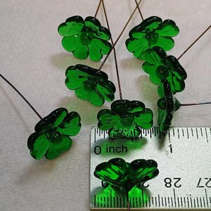 Glass 4 leaf Clover Shamrock, Luck of the Irish, kelly green handblown lampwork plant pick on 5in wire. bouquet, Irish gift, approx 3/4inch image 9