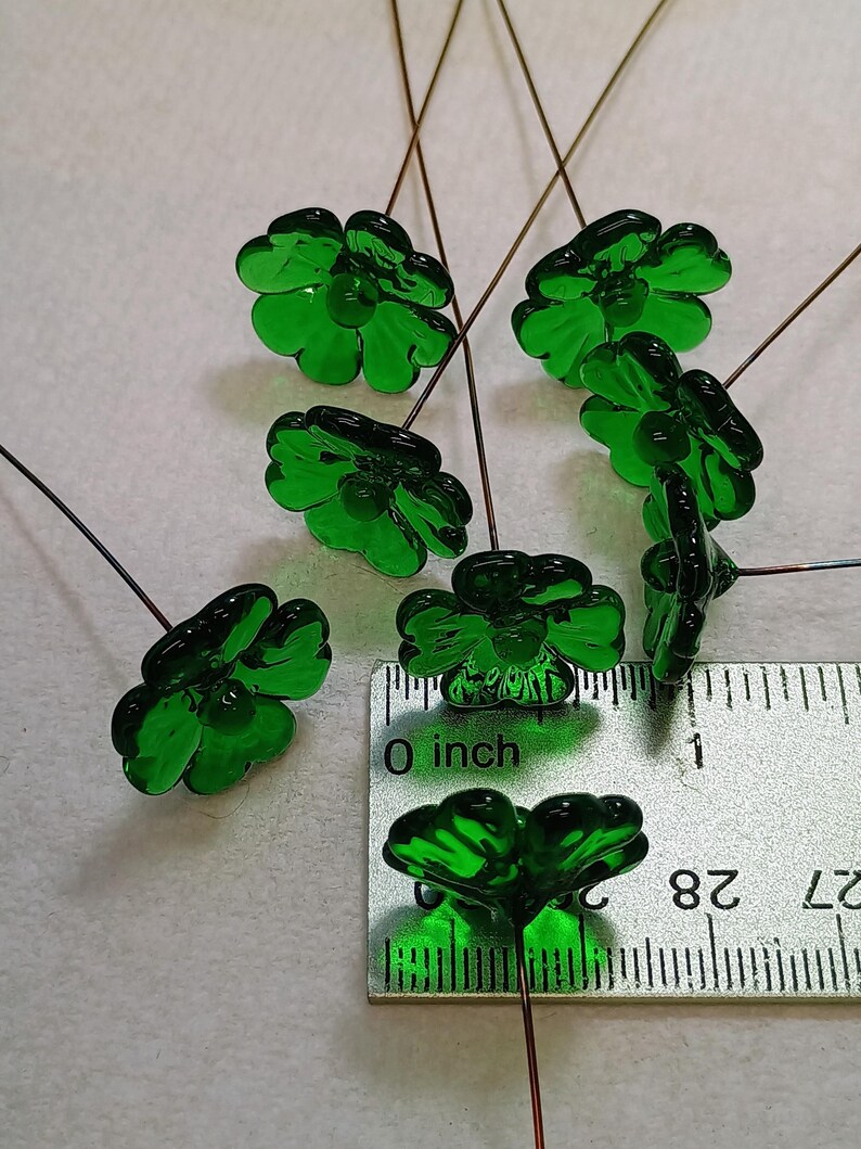 Glass 4 leaf Clover Shamrock, Luck of the Irish, kelly green handblown lampwork plant pick on 5in wire. bouquet, Irish gift, approx 3/4inch image 9