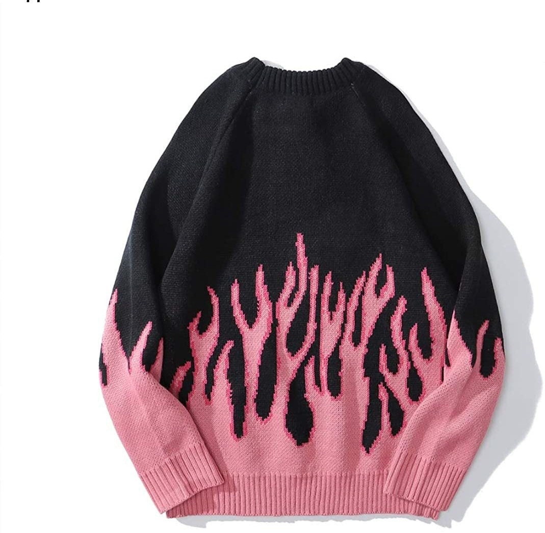 Vintage Knitted Flame Pullover Sweater, Pink / Blue Colourful Fire Sw…