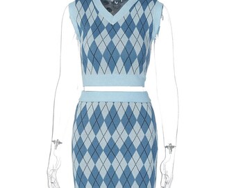 Y2K Argyle Plaid Knitted Co-ord Set Sleeveless Tank Tops and Mini Skirt 2 Piece
