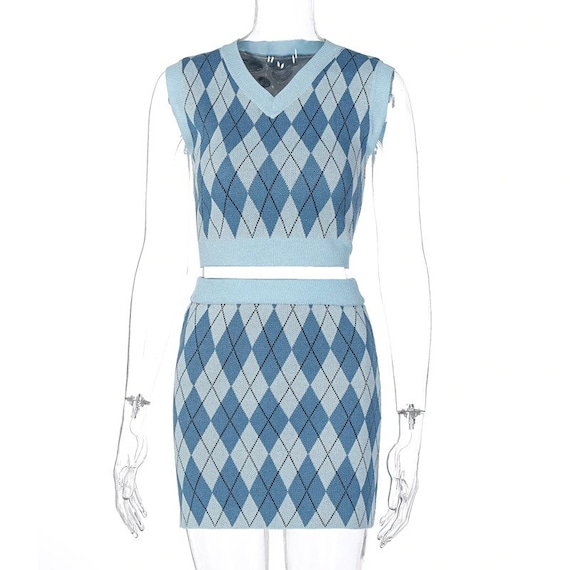 Y2K Argyle Plaid Knitted Co-ord Set Sleeveless Tank Tops and Mini Skirt 2 Piece
