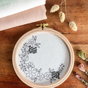 Könnte beinhalten: Ein hölzerner Stickrahmen mit einem floralen Design in schwarzem Faden. Der Rahmen liegt auf einer Holzoberfläche, mit Garnrollen und gefaltetem Stoff im Hintergrund. Der Stoff ist in Grün-, Weiß- und Rosatönen gehalten.