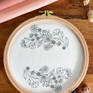 Könnte beinhalten: Ein hölzerner Stickrahmen mit einem floralen Design, das mit schwarzem Faden gestickt wurde. Das Design zeigt Blumen, Blätter und Beeren. Stoffrollen in Rosa und Grün befinden sich im Hintergrund, zusammen mit Stickgarn.