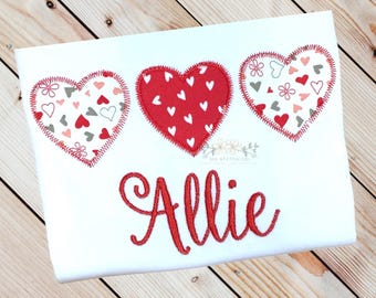 Girls Valentine Hearts Shirt, Love Heart Trio Design, Kids Personalized Valentine Day Shirt, Custom Monogram Name, Embroidered Shirt