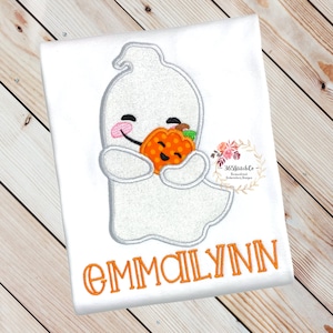 Girls Halloween Shirt, Halloween Ghost Shirt, Ghost with Pumpkin Shirt, Kids Halloween Shirt, Embroidered Shirt, Personalized Shirt