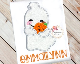 Girls Halloween Shirt, Halloween Ghost Shirt, Ghost with Pumpkin Shirt, Kids Halloween Shirt, Embroidered Shirt, Personalized Shirt