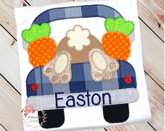 Boys Easter Shirt, Easter Bunny Truck Shirt, Easter Bunny with Carrots, Embroidered Shirt, Personalized Handmade Gift, Custom Name