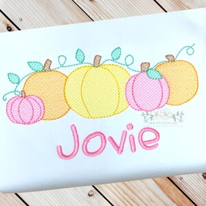 May include: A white shirt with an embroidered design of a row of pumpkins with green vines and leaves. The name "Jovie" is embroidered in pink below the pumpkins.