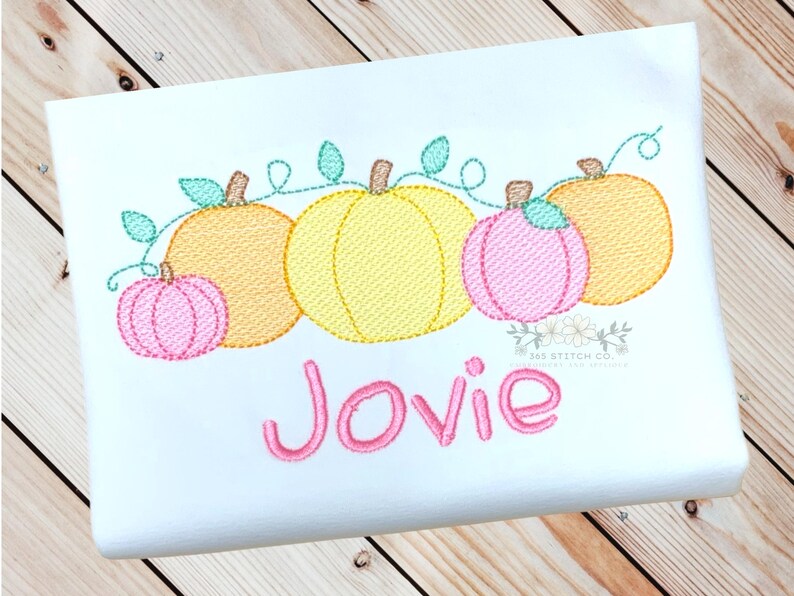 May include: A white shirt with an embroidered design of a row of pumpkins with green vines and leaves. The name "Jovie" is embroidered in pink below the pumpkins.