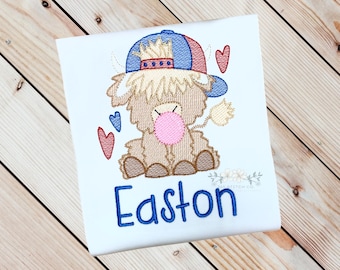 Boys Highland Cow Valentines Day Shirt, Highland Cow Chewing Gum, Kids Personalized Valentine Shirt, Custom Monogram Name, Embroidered Shirt