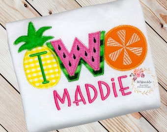 Girls 2nd Birthday Fruit Shirt, Second Birthday Fruit Party, Pineapple Watermelon Orange, Summer Birthday, Personalized Embroidered Shirt