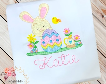 Girls Easter Bunny in Garden Shirt, Kids Easter Egg Shirt, Toddler Easter Shirt, Embroidered Shirt for Kids, Personalized Handmade Gift
